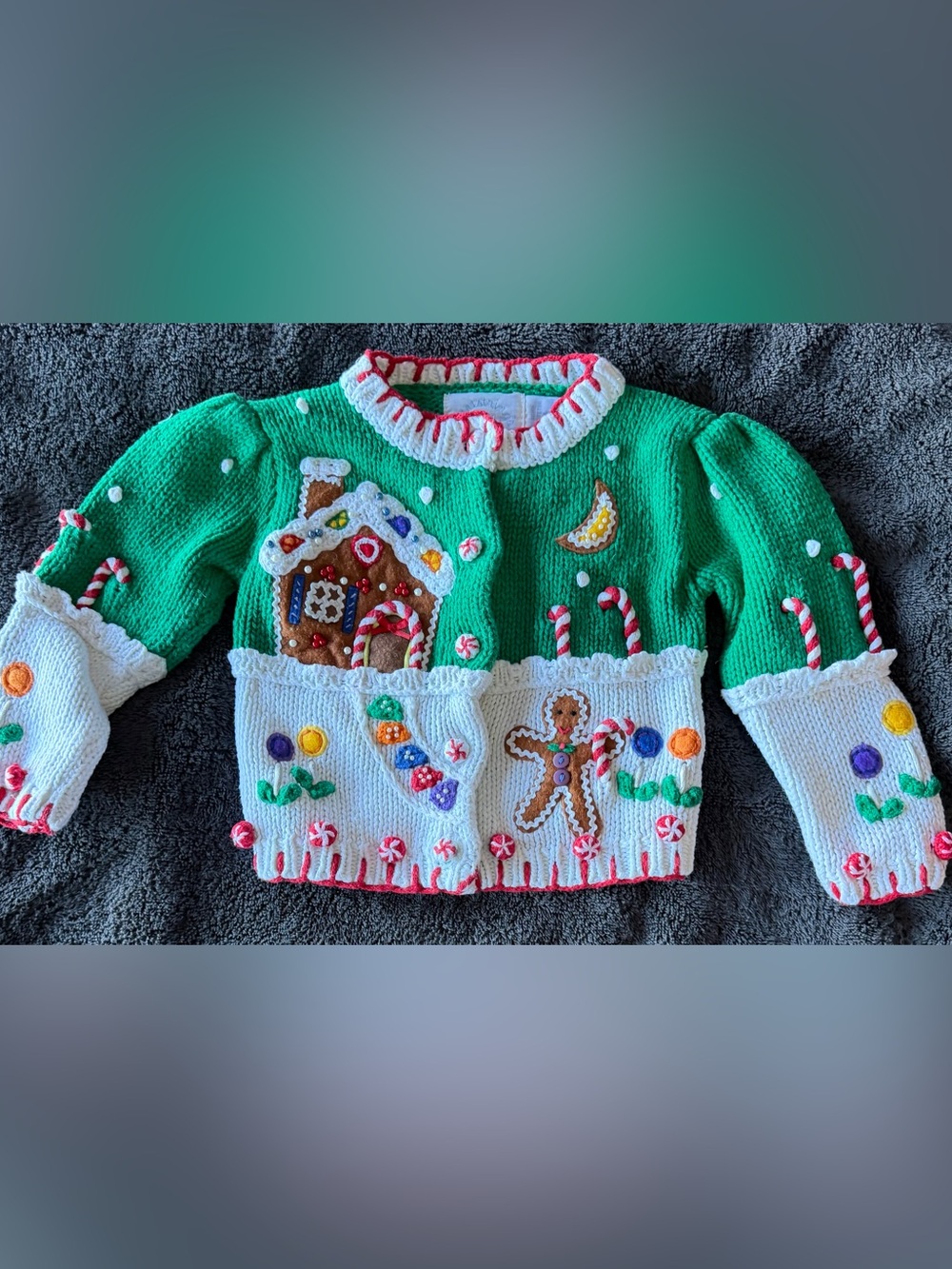 Green & White Gingerbread Holiday Sweater with Candy Decorations